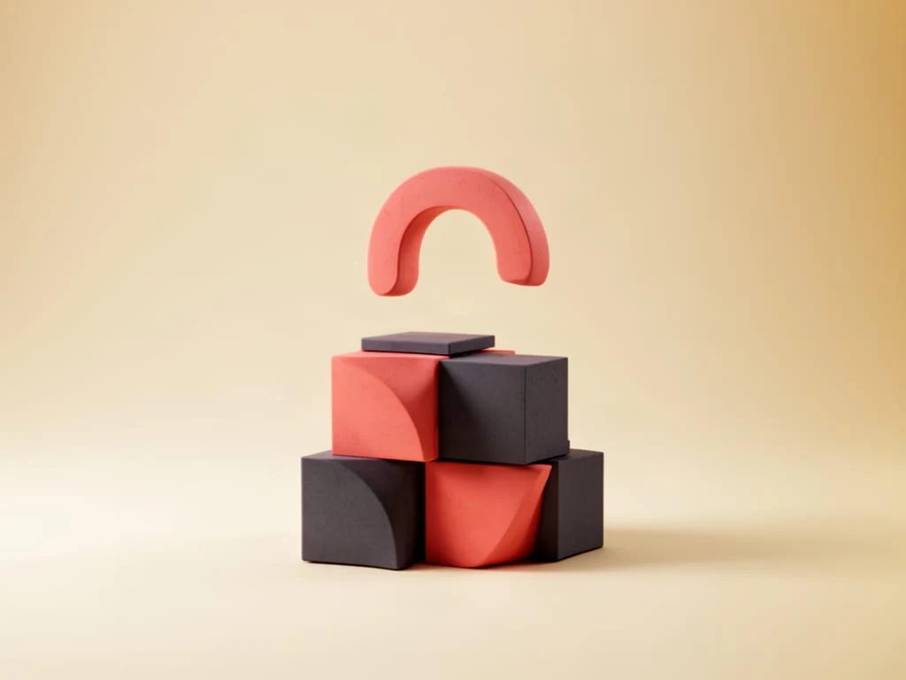 Abstract sculpture of stacked geometric blocks beneath a floating arch
